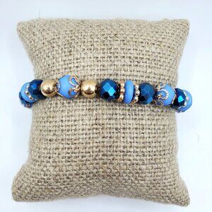 Beaded Bracelet With Blue & Gold Glass Beads 6.5-Inch Stretch Design Elegant Acc